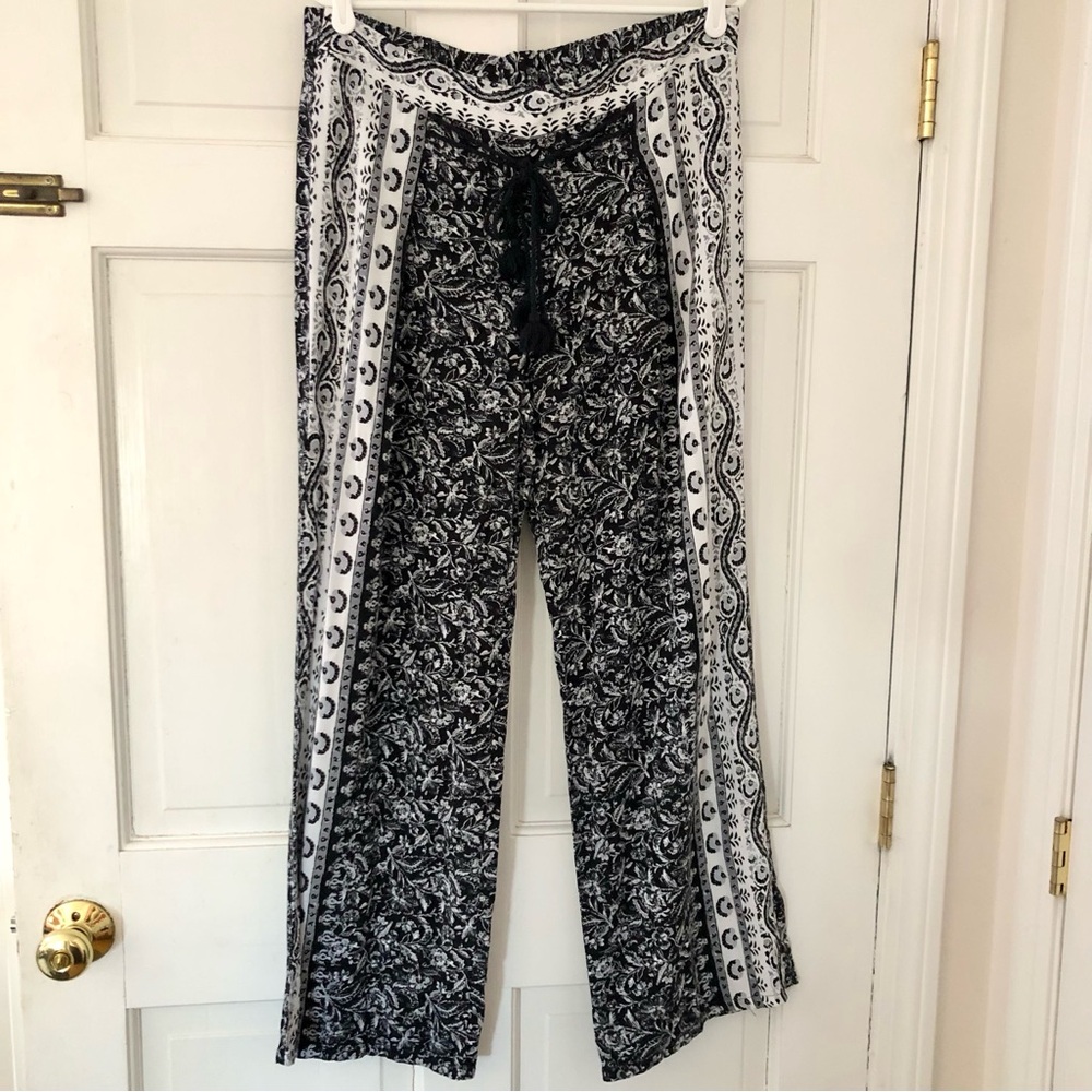 Bebop  Flowy Soft Boho Beachy Rayon Pants XL black white floral wide leg